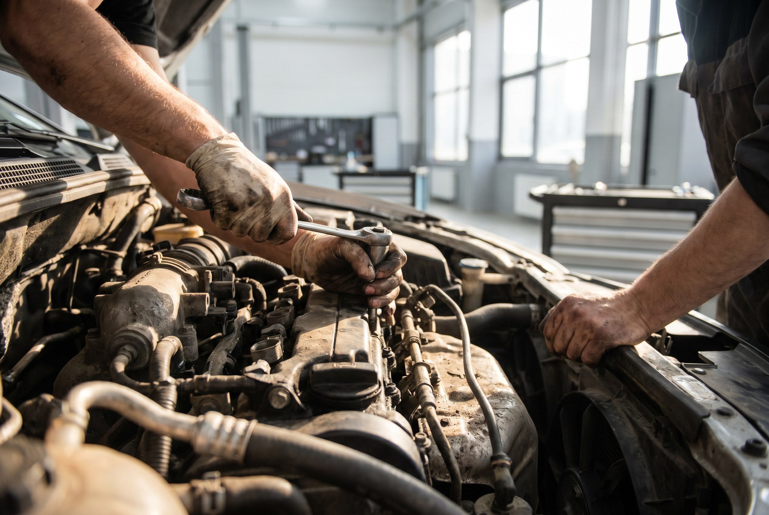 Mechanic working on an engine at STO Kerava